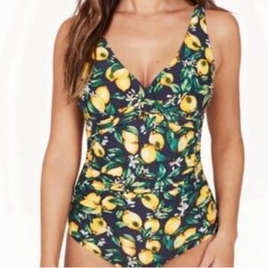 Nip Tuck Tummy Control Lemon Print One piece Swimsuit v neck blue yellow size 8